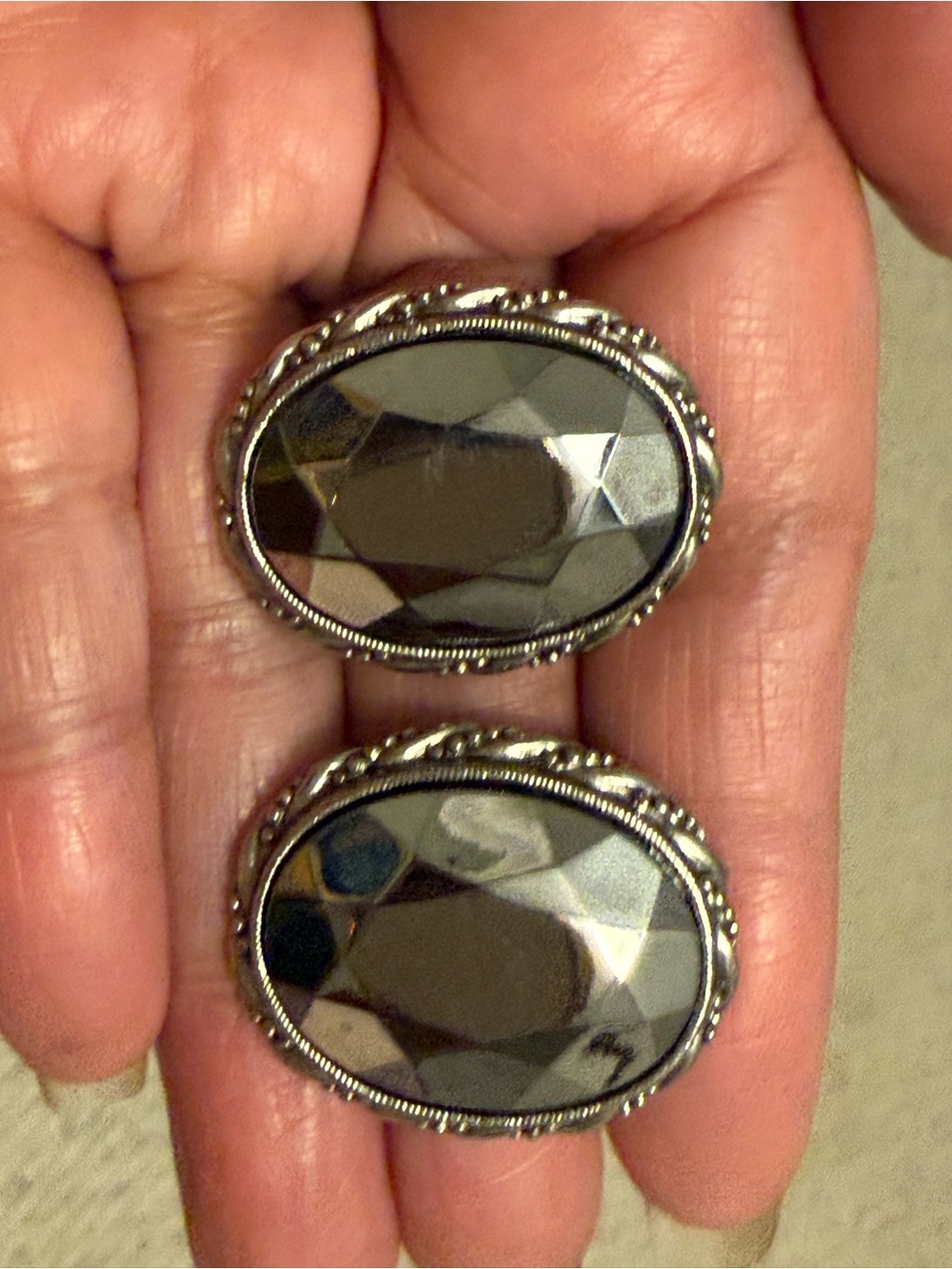 Vintage 1928 Faceted Gray Crystal Oval Statement Earrings - Silver Tone